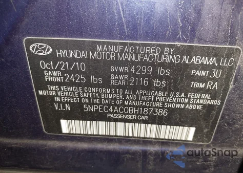 2011 Hyundai Sonata Se z USA, uszkodzony, nr VIN 5NPEC4AC0BH187386